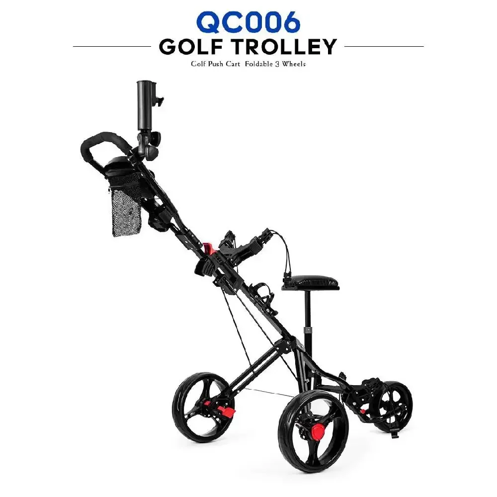 PGM Golf Cart, 3 Wheel Folding Golf Cart with Foot Brake Umbrella and Cup Holder with Seat, Light Trolley with Adjustable Handle - Image 5